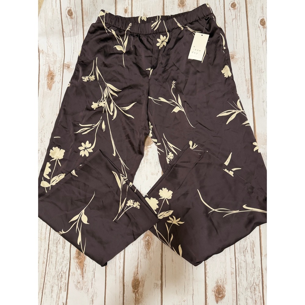 A New Day Women Floral Print Satin Wide Leg Pants Brown Cream NWT Size M